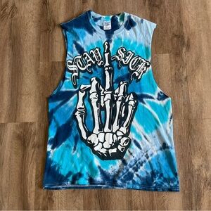 Stay Sick Clothing Men’s Tank Top Size M Blue Tie Dye Skeleton Bones Middle Fing